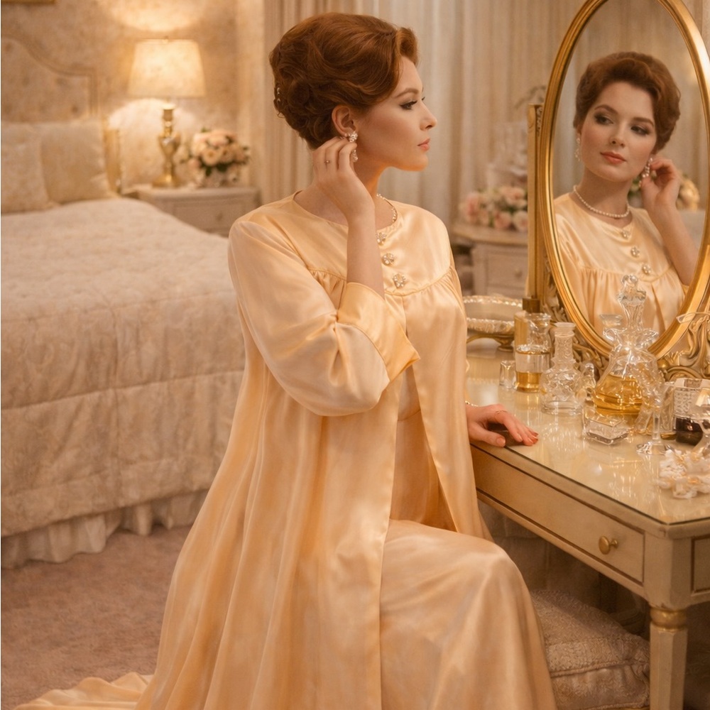 Rare Peach Buttery Soft Hostess Robe Crystal Buttons 1960s Saks 5th Ave Satin - Picture 2 of 9